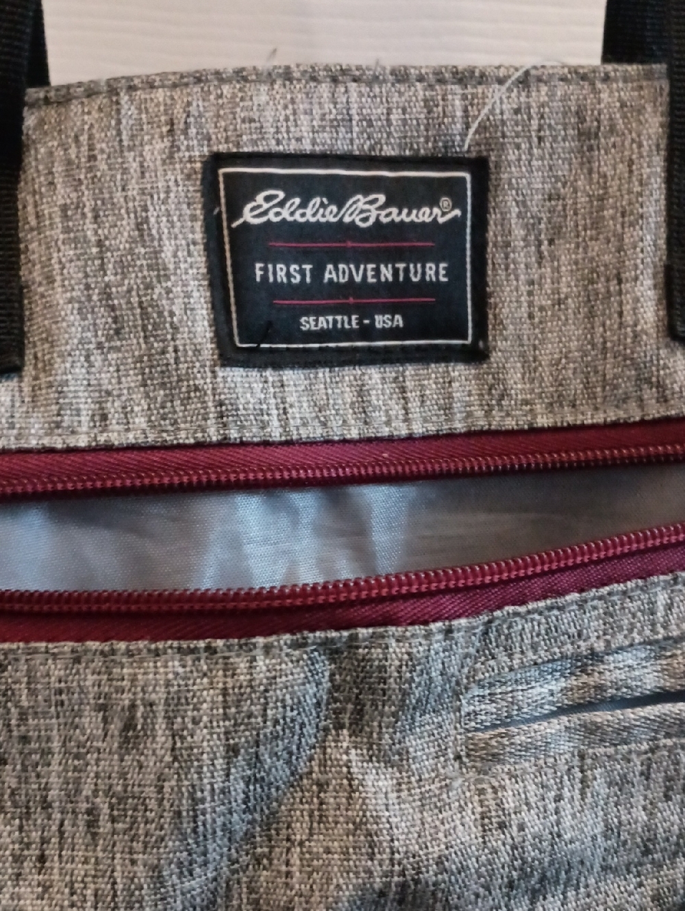 Eddie Bauer Gray Tote with Burgundy Zipper Accent